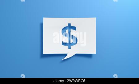 Dollarzeichen. Minimalistisches abstraktes Design mit weißem Papier auf blauem Hintergrund. 3D-Rendering. Stockfoto