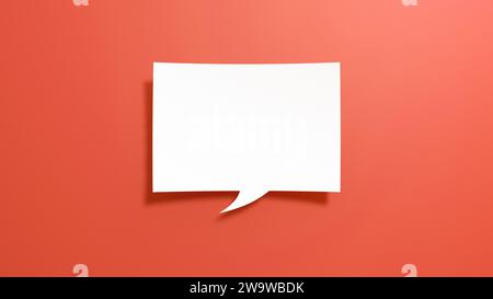 Kurze Leere Sprechblase. Minimalistisches abstraktes Design mit weißem Papier auf rotem Hintergrund. 3D-Rendering. Stockfoto