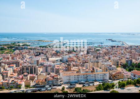 Aus der Vogelperspektive von Sant Carles de la Ràpita, Ebro Delta, Katalonien, Spanien Stockfoto