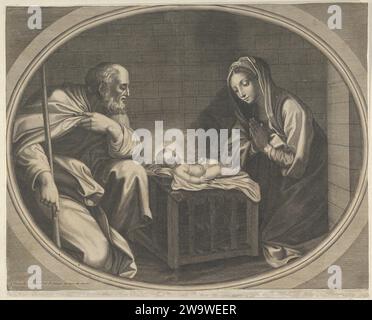Die Jungfrau kniet im Gebet vor dem Kind Christus, das auf einer Holzkiste liegt, der hl. Josef links, ein Maultier rechts, in einem ovalen Rahmen, nach Reni 1951 von Anonym Stockfoto
