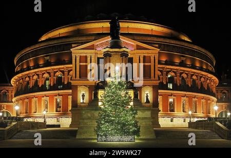 Die Royal Albert Hall mit Weihnachtsbaum, beleuchtet bei Nacht. Stockfoto