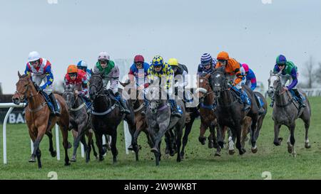 Das Feld, das die Heimgeraden in der Bumper in Wincanton runterfährt, 10. März 2022 Stockfoto