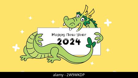 Niedlicher chinesischer Zeichentrickfilm-Drache mit Schild. Glückliches chinesisches Neujahr des Drachen 2024 Grußkarte Vektor Illustration. Stock Vektor