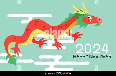 Fliegende asiatische Drache lustige Grußkarte 2024. Happy Lunar New Year Vektorkarte 2024. Grußkarte zum Jahr des Drachen mit orientalischem Wolkenmuster. Stock Vektor