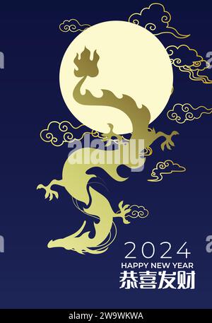 Asiatischer Drache fliegt am Himmel chinesisches Neujahr 2024. Stock Vektor
