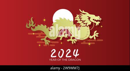 Chinesisches Drachenprofil Silhouette Neujahr 2024. Happy Lunar New Year 2024 Vektor-Grußkarte. Stock Vektor