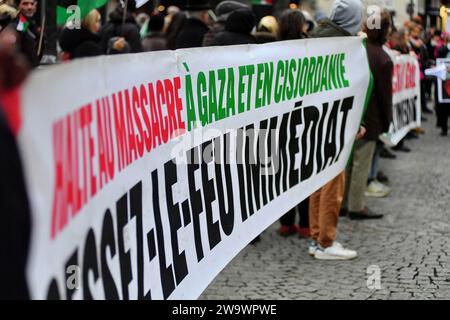 Paris, Frankreich. Dezember 2023 30. Pro-palästinensische Kundgebung zur Forderung eines Waffenstillstands am Place Edmont-Michelet im Gazastreifen in Paris, Frankreich, am 30. Dezember, 2023. Foto: Karim Ait Adjedjou/ABACAPRESS.COM Credit: abaca Press/Alamy Live News Stockfoto