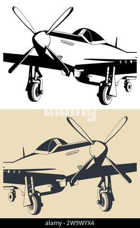Stilisierte Vektor-Illustration von Langstreckenjäger, einsitzigen Jagdbombern und Jagdbombern, die während des Zweiten Weltkriegs verwendet wurden Stock Vektor