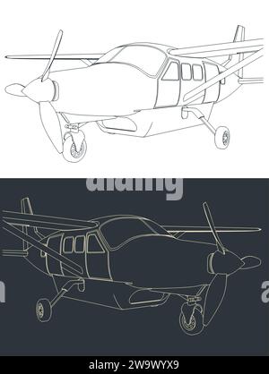 Stilisierte Vektordarstellungen von leichten einmotorigen Turboprop-Flugzeugen aus der Nähe Stock Vektor