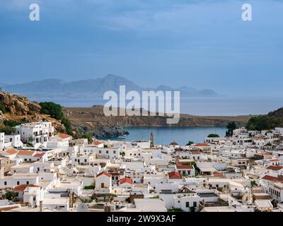 Lindos Village, erhöhte Aussicht, Rhodos Island, Dodekanese, Griechenland Stockfoto