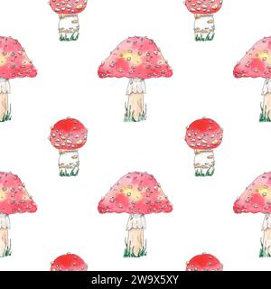 Aquarellmaschzimmer fliegen agarisch nahtloses Muster handgezeichnet im botanischen Stil. Naturkunst für Design-Poster, Tapeten, Textil, Hintergrund Stockfoto
