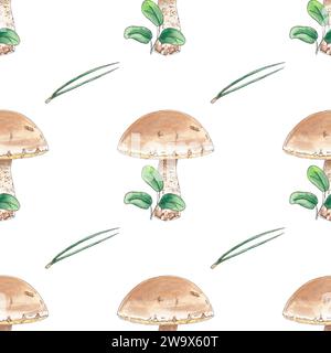 Aquarell nahtlose Muster Pilz Pfifferlinge, Blätter handgezeichnet in botanischem Stil. Kunstabbildung zum Erstellen von Logos, Textilien, Karten, Menüs Stockfoto