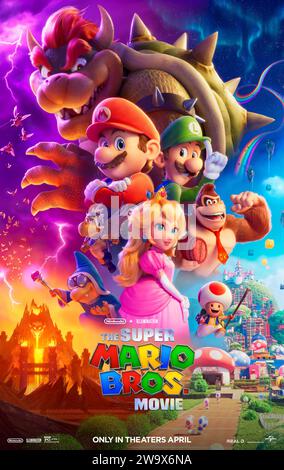 Das Super Mario Bros. Film (2023) unter der Regie von Aaron Horvath, Michael Jelenic und Pierre Leduc mit Chris Pratt, Anya Taylor-Joy und Charlie Day. Ein Klempner namens Mario reist mit seinem Bruder Luigi durch ein unterirdisches Labyrinth, um eine gefangengenommene Prinzessin zu retten. US-Poster mit einem Blatt ***NUR FÜR REDAKTIONELLE ZWECKE***. Quelle: BFA / Universal Pictures Stockfoto