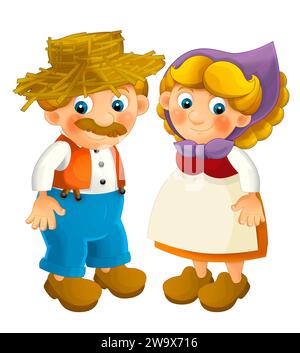 Cartoon Bauernhoffigur glücklicher Farmer Mann und Frau isoliert auf weißem Hintergrund - Illustration für Kinder Stockfoto
