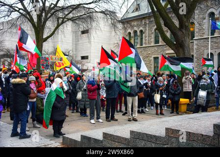 Ottawa, Kanada - 30. Dezember 2023: Demonstranten versammelten sich am Human Rights Monument in Ottawa zur 12. Woche in Folge, in der pro-palästinensische Kundgebungen zu einem Waffenstillstand im Gaza-Krieg aufriefen und die Freiheit Palästinas forderten. Stockfoto