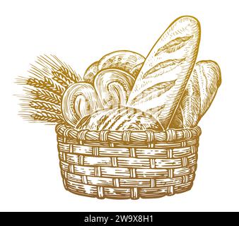 Frische Backwaren, Skizze Vintage Vektor Illustration. Brot und Weizenohren im Korb Stock Vektor