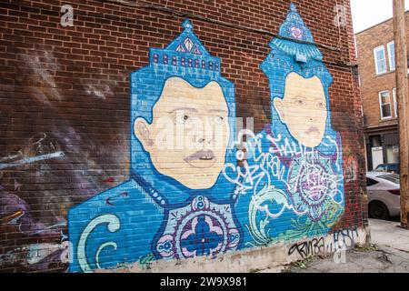 Zentralasiatisches Prinzen- und Prinzessinnen-Wandgemälde im Hochelaga-Viertel in Montreal, Quebec, Kanada Stockfoto