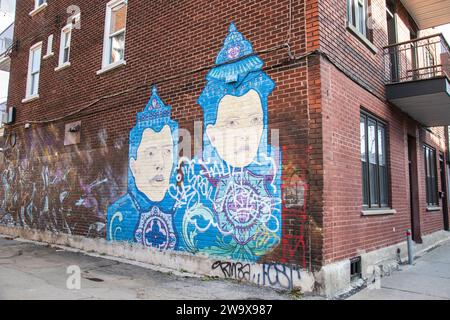 Zentralasiatisches Prinzen- und Prinzessinnen-Wandgemälde im Hochelaga-Viertel in Montreal, Quebec, Kanada Stockfoto