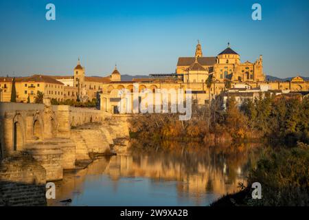 Blick auf die römische Brücke über den Fluss Guadalquivir und die Moschee und Kathedrale von Cordoba, Andalusien, Spanien im Hintergrund Stockfoto