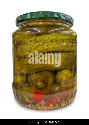 Eingelegtes Certioli mit Chili und Pfeffer in einem Glasgefäß isoliert auf weiß mit Schnittpfad im Lieferumfang enthalten Stockfoto