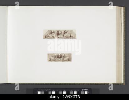 Plot-Modelle für Skulpturen am Palais du Louvre: Über zwei Hunden und einem Männerkopf, unter zwei Löwen und einem Frauenkopf, beide von Emmanuel Fremiet, ca. 1855 - ca. 1857 Fotografie Teil der Réunion des Tuileries au Louvre 1852-1857, Album 2. Paris Papier. Fototräger mit gesalzenem Papier Dauerausstellung, Museum. Skulptur, Reproduktion einer Skulptur Palais du Louvre. Tuilerieënpaleis. Louvre Museum. Paris Stockfoto