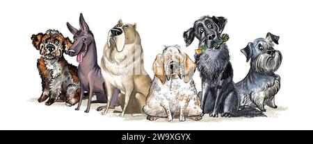 Niedliche lustige Zeichentrickhunde, Tierfiguren. Verschiedene Rassen Hündchen Illustration. Pelzige menschliche Freunde Heimtiere. Für Druck, Design, Aufkleber, T-Shirt und Stockfoto