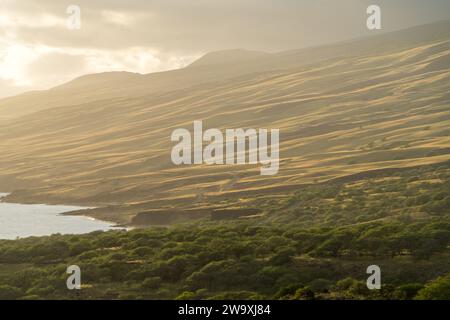 Der Piilani Highway von Maui bietet einen atemberaubenden Blick auf die von der Sonne geküssten Hügel und den Pazifischen Ozean, der von den warmen goldenen Tönen der untergehenden Sonne hervorgehoben wird. Stockfoto