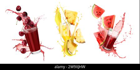 Frische Fruchtsäfte spritzen aus Gläsern auf weißem Hintergrund, Set Stockfoto