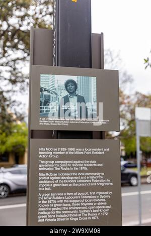 Sydney Australia, Nita McCrae Park in der Gegend von Rocks in Sydney, Nita mobilisierte die lokale Gemeinde, um gegen die Entwicklung von Millers Point zu protestieren Stockfoto