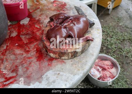 San Jose del Monte, Philippinen. 31. Dezember 2023: Nach der traditionellen Schlachtung an Silvester wartet die Schweineleber auf das Kochen. Das ganze Schweinefleisch wird nach verschiedenen Rezepten zubereitet. Im Nordosten des urbanisierten Manilas erlangt das philippinische ländliche Leben seine Rechte zurück, und hausgemachte Schlachtung ist weit entfernt von industriellen Standards. Voller Aberglauben (kein Huhn/Fisch), müssen philippinische Familien Mitternacht warten, um sich auf Media Noche zu versammeln, ein festliches Abendessen, um das Ende der längsten Weihnachts- und Weihnachtszeit der Welt zu feiern. Quelle: Kevin Izorce/Alamy Live News Stockfoto