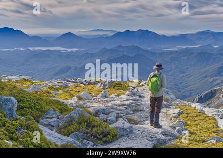 Wanderer mit Blick auf Lake Burbury und endlose, blaue West Coast Ranges im Nachmittagslicht, Franklin-Gordon Wild Rivers National Park, Tasmanien, Australien Stockfoto