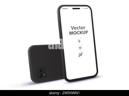 Schwarzes Mobiltelefon-Vektor-Modell mit perspektivischer Ansicht vorne und hinten. Abbildung des Smartphones mit leerem Bildschirm auf weißem Hintergrund. Stock Vektor