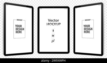 Tablet-Computer Vektor-Mockup-Illustration mit perspektivischer Ansicht. Tablet-PC-Bildschirme isoliert auf transparentem Hintergrund. Stock Vektor