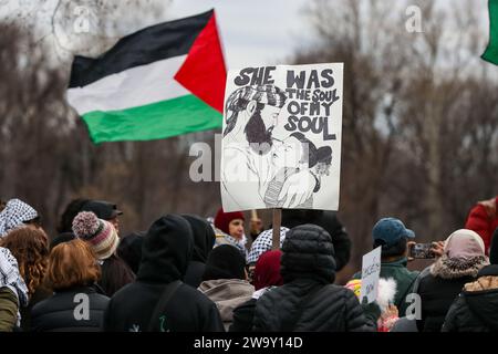 Harrisburg, Usa. Dezember 2023 30. Demonstranten halten Fahnen und Plakate während einer Demonstration gegen Palästina. Die Demonstranten legten mehr als 20.000 Flaggen an, eine für jede Person, die seit Beginn des Israel-Hamas-Krieges in Gaza getötet wurde, entlang der Straße in der Nähe der Gouverneurssitzung von Pennsylvania. Quelle: SOPA Images Limited/Alamy Live News Stockfoto