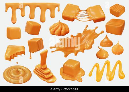 Set aus realistischem 3D-Karamell-Flüssigkeitsspritzer auf weißem Hintergrund Stock Vektor