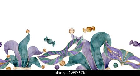 Handgezeichnete Mardi Gras Karnevalssymbole in Aquarellen. Theater Maskerade Zirkusmaske, Harlequin Narr Hutglocken. Nahtloses Banner isoliert auf weiß Stockfoto