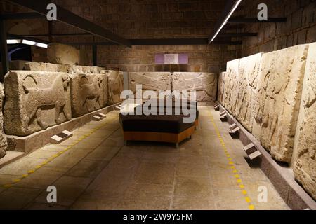 Alte Schnitzereien im Museum der Anatolischen Zivilisationen, Ankara Stadt, Turkiye Stockfoto