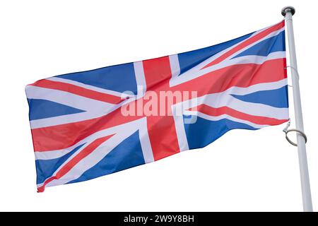 Britische Flagge flattert im Wind. Staatssymbol des Vereinigten Königreichs Stockfoto