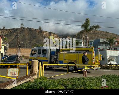 30. Dezember 2023, Santa Barbara/Ventura, Kalifornien, USA: Ventura County Fire Department Truck vor Seegras-Sukkulenten, am schönen Rincon Point, südlich von Carpinteria im Santa Barbara County und nördlich von Ventura, am 30. Dezember 2023. Monster, King Tides bringt dramatische Wellen in die Gegend, und Feuerwehrleute machen die Runde und schauen sich die beliebten Schwimm- und Surfgebiete entlang der Zentral-/Südküste an. (Kreditbild: © Amy Katz/ZUMA Press Wire) NUR REDAKTIONELLE VERWENDUNG! Nicht für kommerzielle ZWECKE! Stockfoto