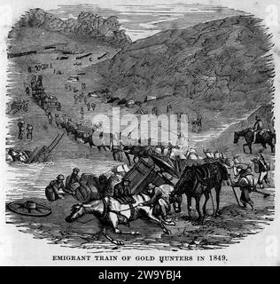 Gravur von Goldgräbern auf dem Weg zum Goldrausch von 1849 in Kalifornien, aber eine typische Szene auf jedem Goldfeld in den späten 1800er Jahren, von Kalifornien bis Otago in Neuseeland, von der Underground World, um 1878 Stockfoto