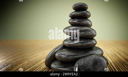 Schwarze ausgleichende Steine stehen auf Bambus Hintergrund. 3D-Darstellung. Stockfoto