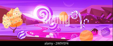 Feen-Süßigkeiten-Land mit Marshmallow- und Cremebäumen, rosa Fluss und Lutscher am Himmel. Spiel kosmische Landschaft des Alien süßen Planeten im Raum, magische Neon Wunderland der Desserts Cartoon Vektor Illustration Stock Vektor