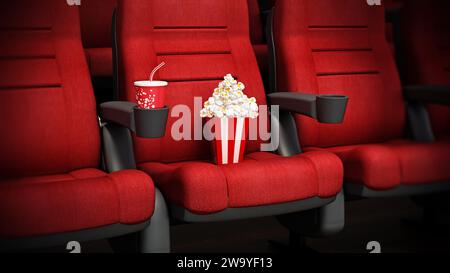 Roter Kinosessel mit Popcorn und Limonade. 3D-Abbildung. Stockfoto