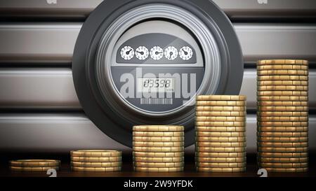 Aufsteigende Goldmünzen stehen vor einem elektrischen Zähler. 3D-Illustration. Stockfoto