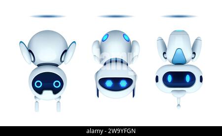 3D-Roboter. Bot-Charaktersymbol, Weltraumspielzeug-Maskottchen für Logo, Cartoon Alien Kids Technologie Cyborg mit verschiedenen Emotionen, Wissenschaftsrakete, Weltraumunterstützung, Stock Vektor
