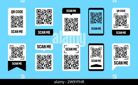 QR-Code-Scan. QRCode-Entwurfsrahmen. Strichcode-Scanner mit weißem Etikett für Smartphone. Kreativ-ID. Kennzeichnungsetikett. Mobile Bezahlaufkleber. Identitätspixelzeichen. Kamera scannen. Vektorquadratische Symbole festgelegt Stock Vektor