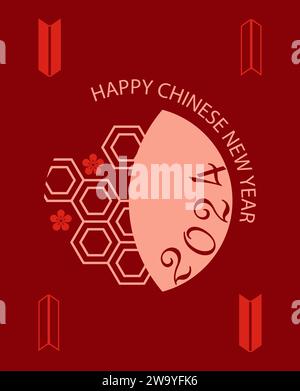 2024 Chinesisches Neujahr. Grußkarte. Asiatische Feiertage. Lunarsymbol. Festliche orientalische Veranstaltung. Sakura-Blume. Kreis- und Sechsecksymbole. Peking Festival. Vektor traditionelles rotes Postkartendesign Stock Vektor