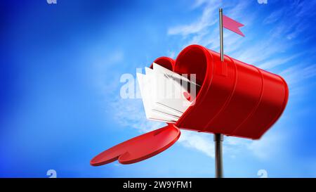 Offene herzförmige Mailbox voller Liebesbriefe. 3D-Illustration. Stockfoto