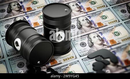 Ölfässer auf Dollar Hintergrund. Konzept der steigenden Ölpreise. 3D-Darstellung. Stockfoto
