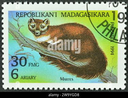 Von Madagaskar gedruckte gestempelte Briefmarke, die Marten (Martes sp.) zeigt, um 1994. Stockfoto